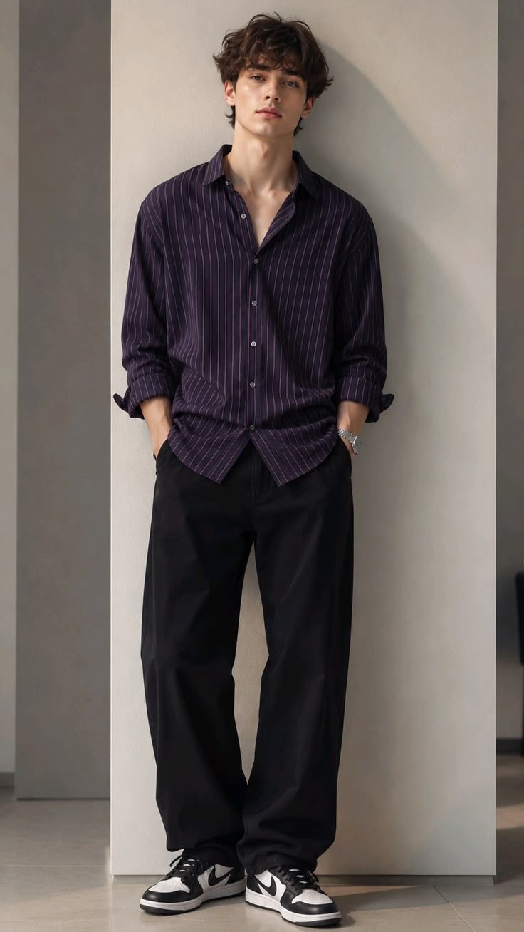 Nama Produk  Set Kemeja Pria Stripe Vertikal Ungu Gelap dan Celana Wide Leg Hitam