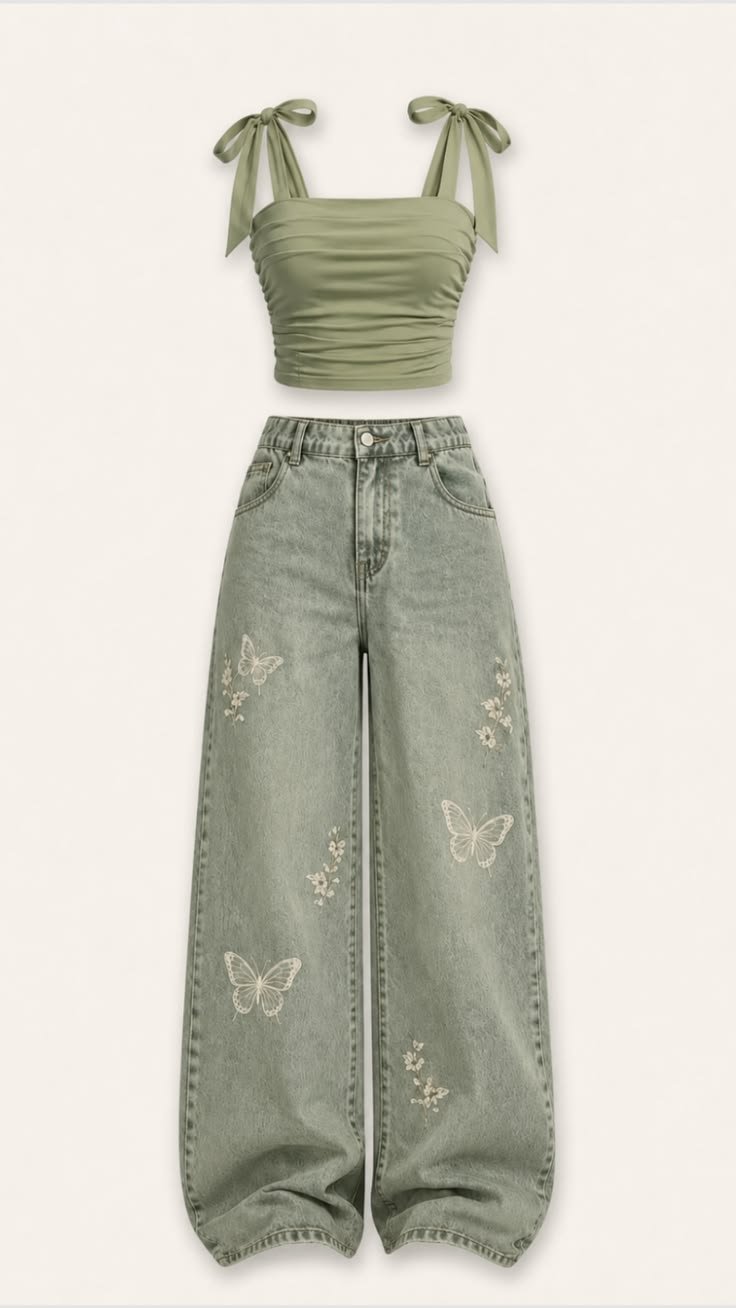 Set Crop Top Ruched dan Celana Jeans Wide Leg Motif Bunga