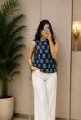 Nama Produk  Set Atasan Navy Motif Block Print dan Celana Palazzo Putih