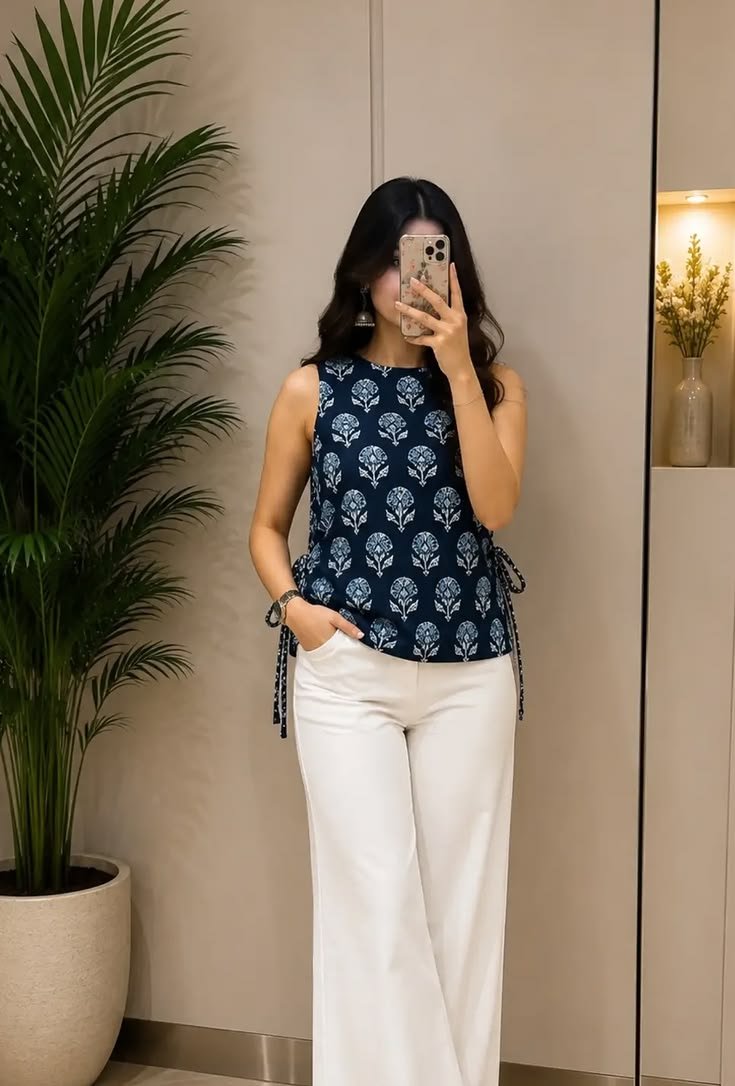 Nama Produk  Set Atasan Navy Motif Block Print dan Celana Palazzo Putih