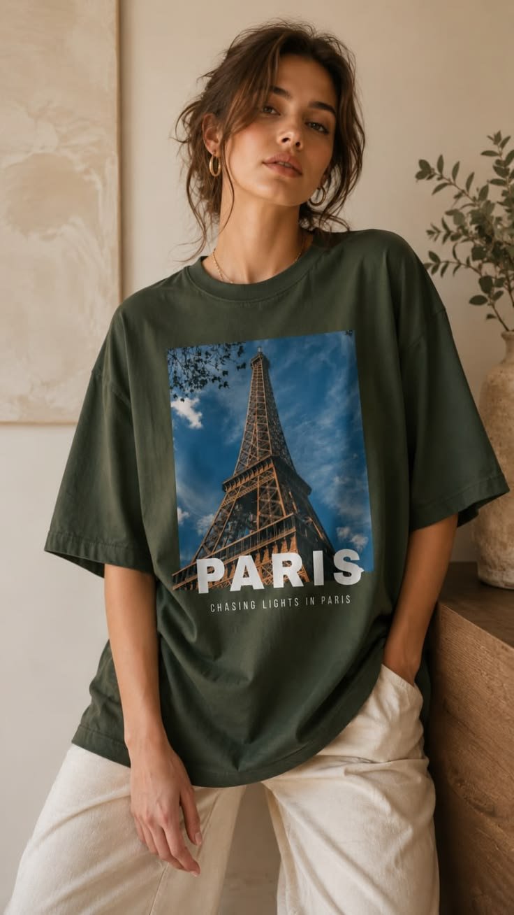 Nama Produk  Kaos Oversized Hijau Army Paris Eiffel Graphic Tee