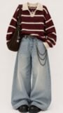 Nama Produk  Sweater Rajut Stripe Burgundy dengan Celana Jeans Wide Leg