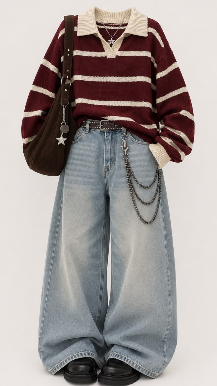 Nama Produk  Sweater Rajut Stripe Burgundy dengan Celana Jeans Wide Leg