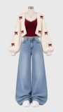 Nama Produk  Set Outfit Cardigan Pita Merah dan Celana Jeans Wide Leg