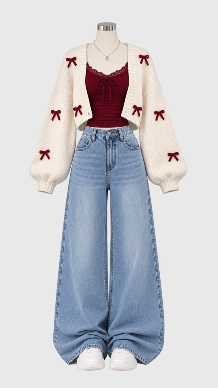 Nama Produk  Set Outfit Cardigan Pita Merah dan Celana Jeans Wide Leg