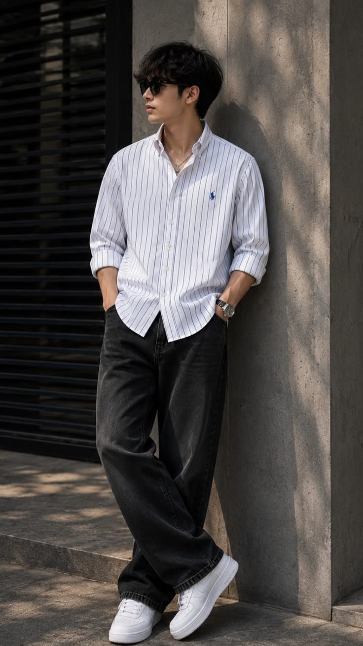 Nama Produk  Kemeja Pria Stripe Navy Lengan Panjang dan Celana Relaxed Fit