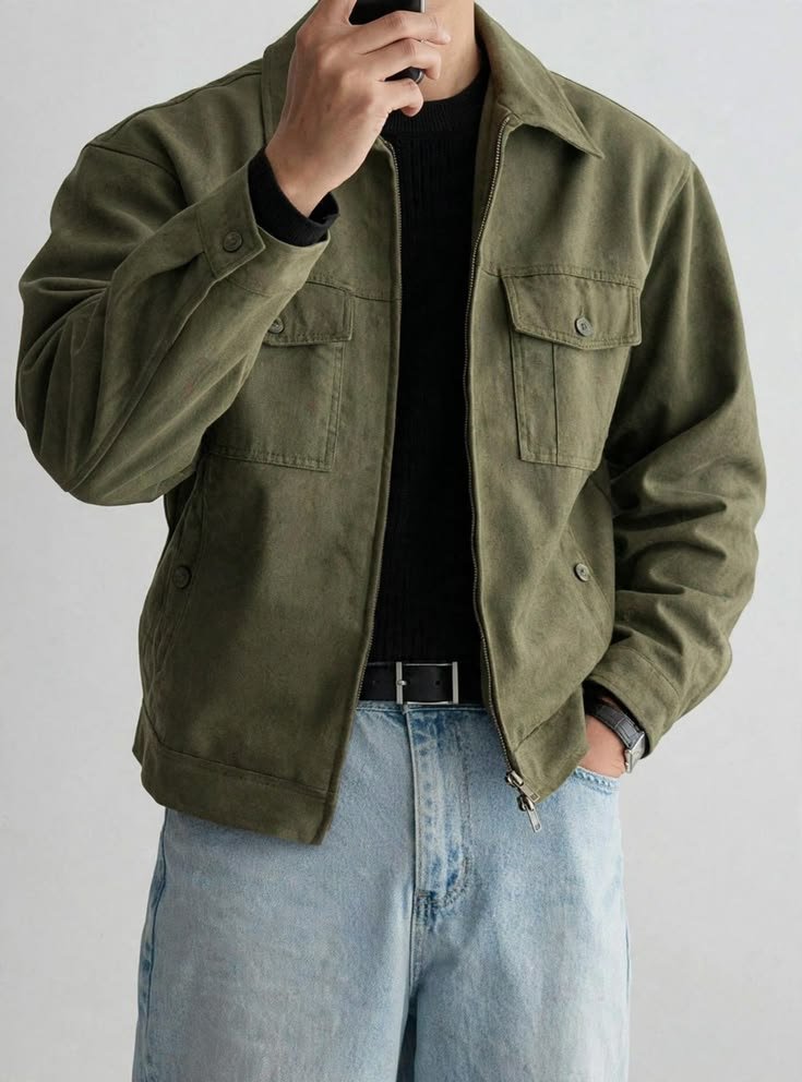 Nama Produk  Jaket Utility Pria Olive dengan Saku Dada